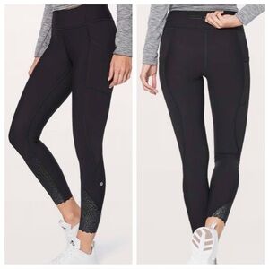 Lululemon Tight Stuff 7/8 Leggings with Blue Reflective Dots